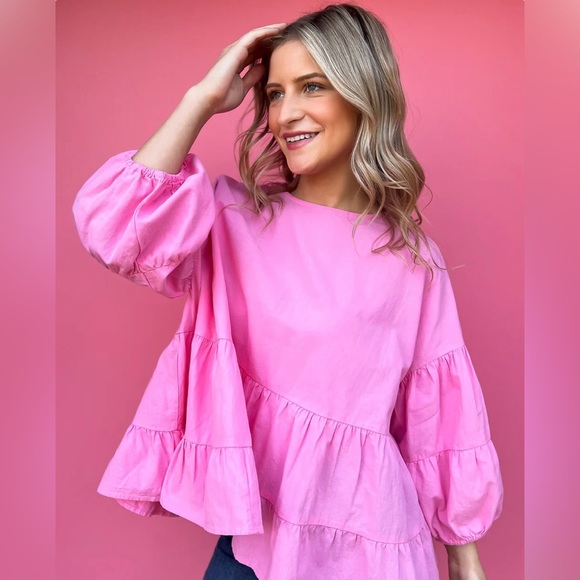 Pink Tiered Balloon Sleeve Blouse | Large (fits up to XXL) | Oversized - Picture 2 of 10